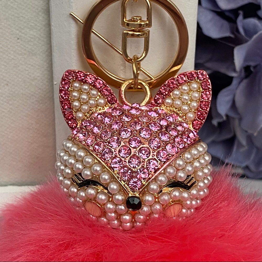 Crystal & Pearl Fox Hot Pink Pom Pom Keychain - Picture 9 of 15